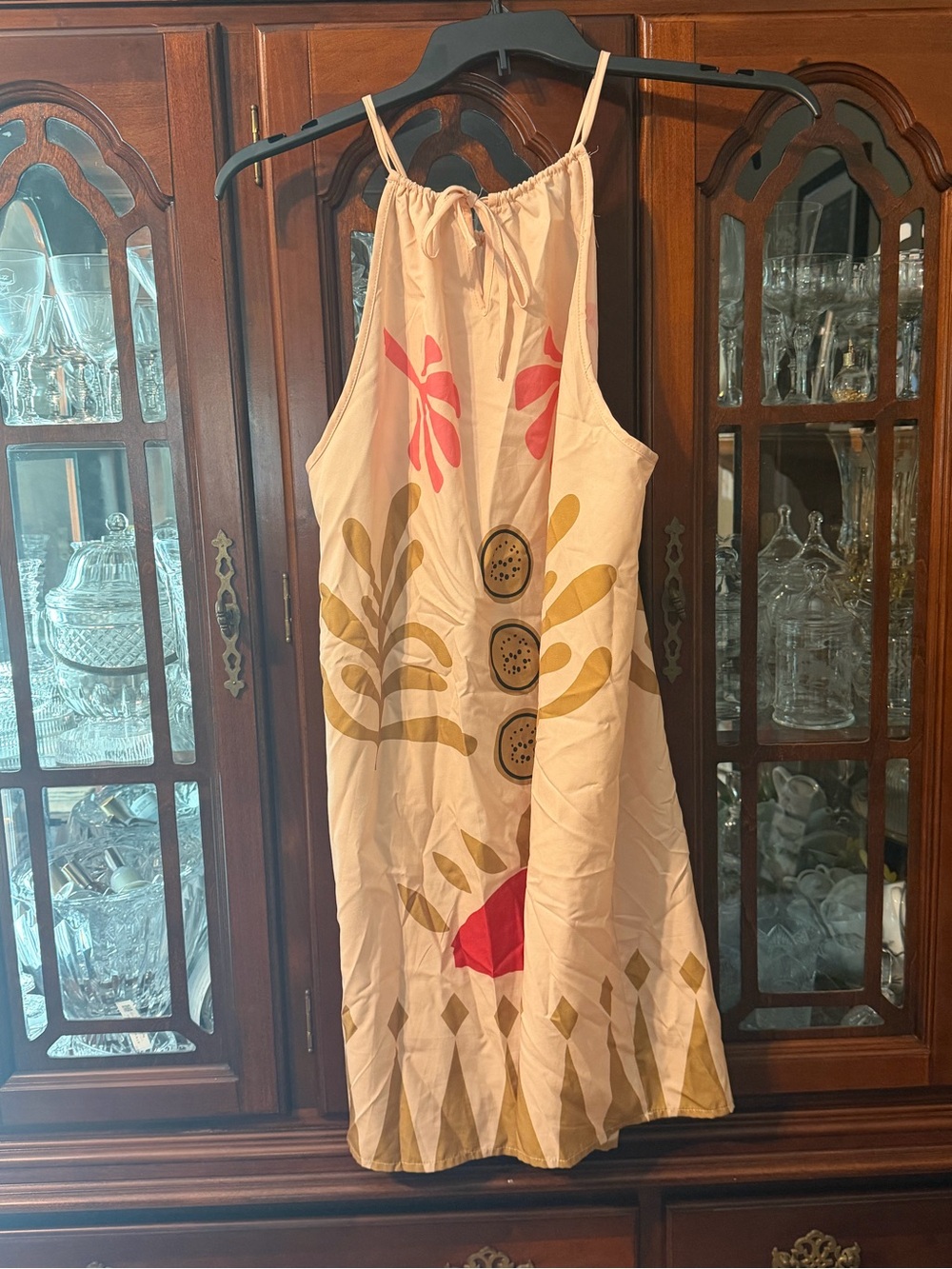 SHEIN Cream Halter Mini Dress with Pink and Gold Print